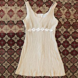 Vintage 90s Does 60s Ditsy Gingham Cream Daisy Appliqué Summer Dress Rayon sz S
